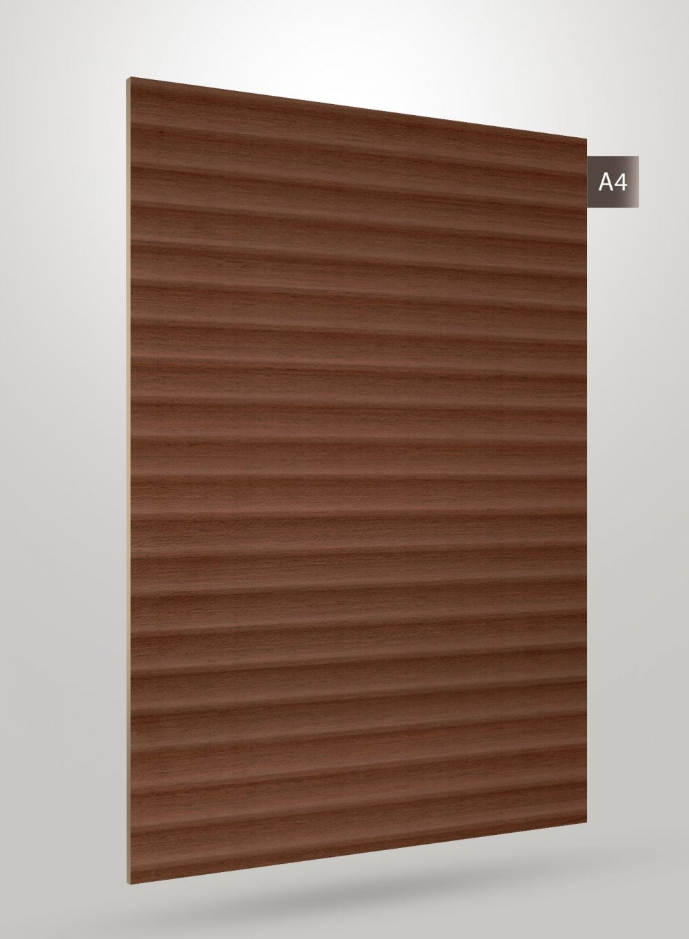 Brown fluted laminate sheet with matte finish and horizontal ridges, displaying a wood grain texture and subtle sheen