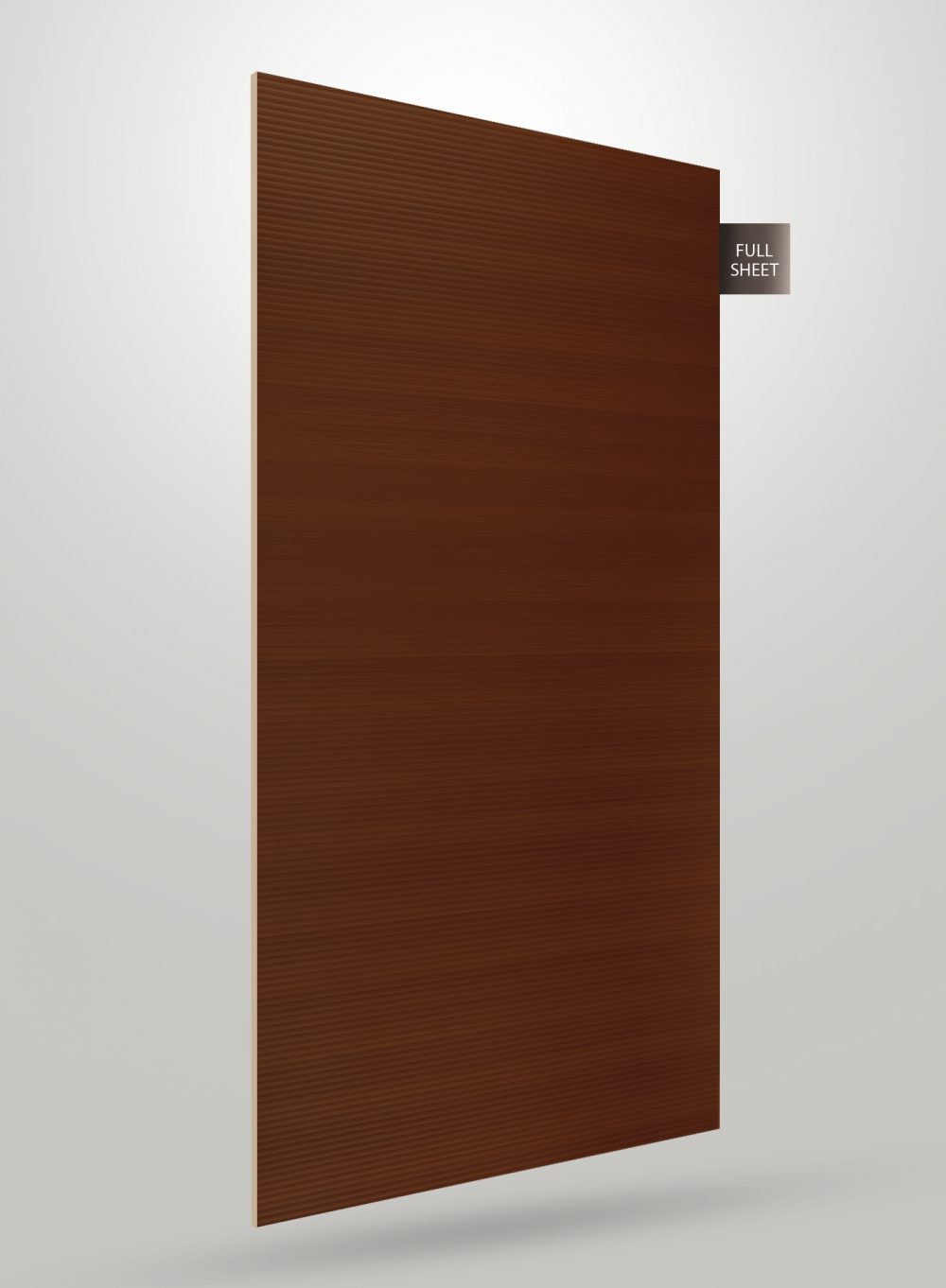 Brown decorative laminate sheet with fluted pattern and matte finish displayed on a white background with full sheet label.