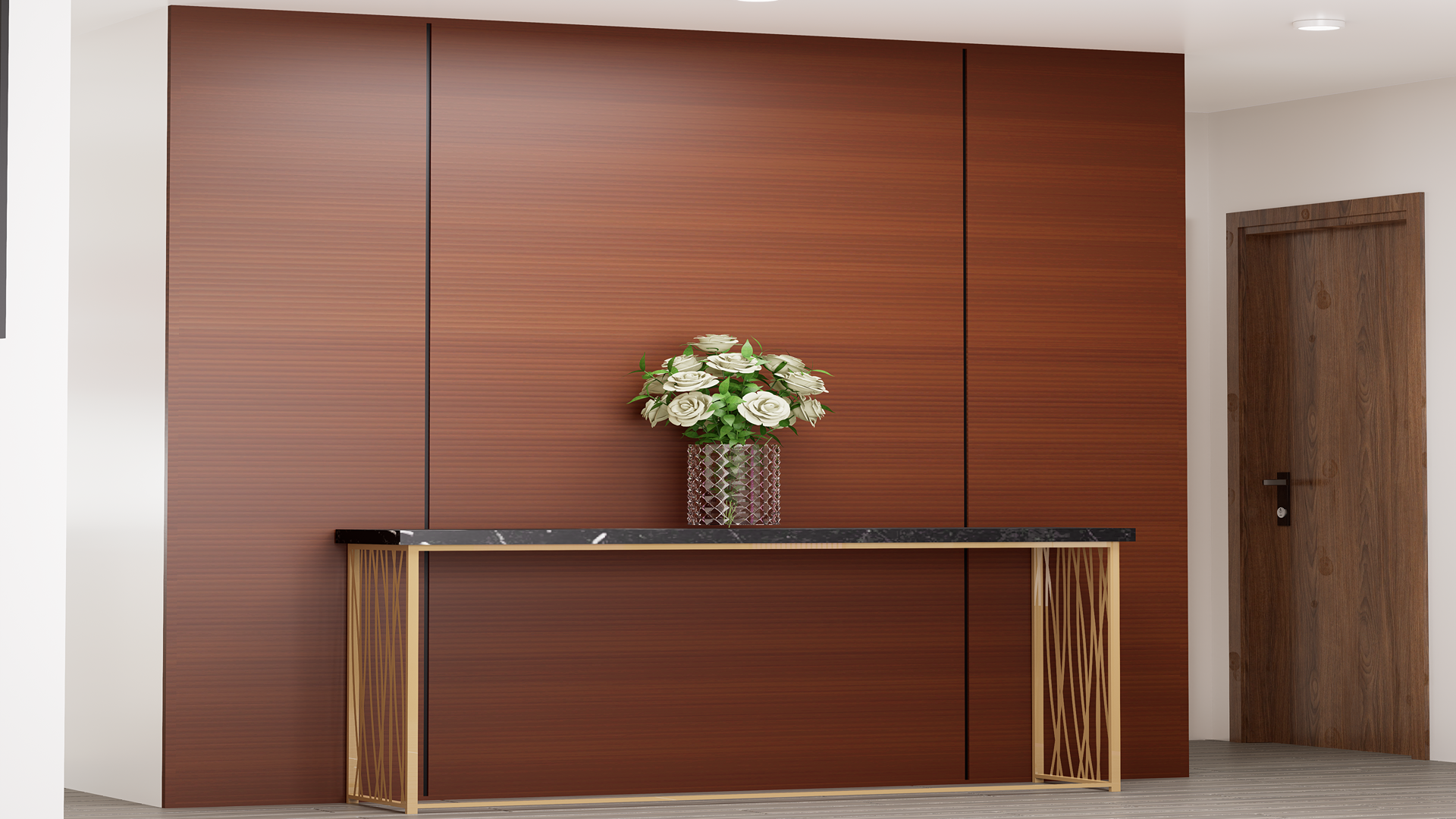 Brown fluted laminate wall with matte finish and horizontal grooves, used in modern interior design with console table and