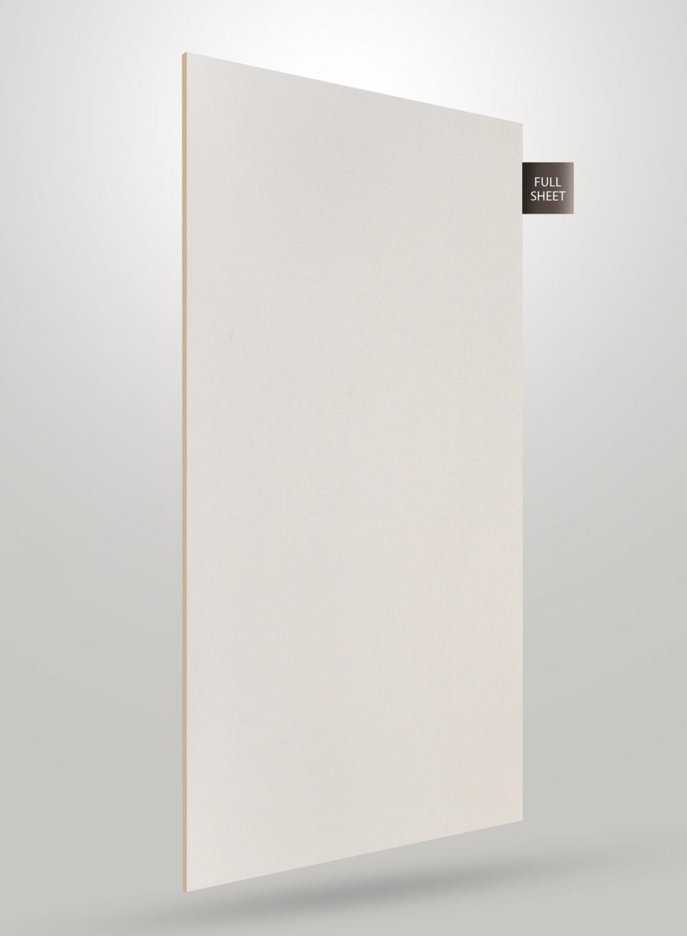 White matte laminate sheet with fabric texture, full sheet visible, light beige edge, on a plain white background.
