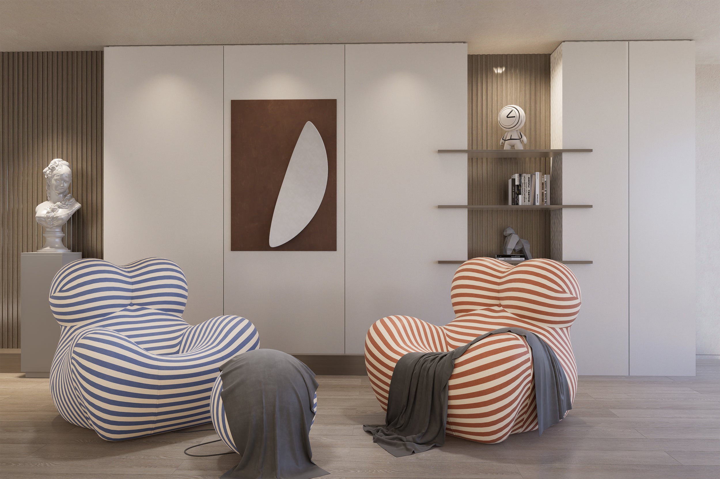 White matte fabric laminate wall panels in modern room with striped chairs and decorative busts and shelves