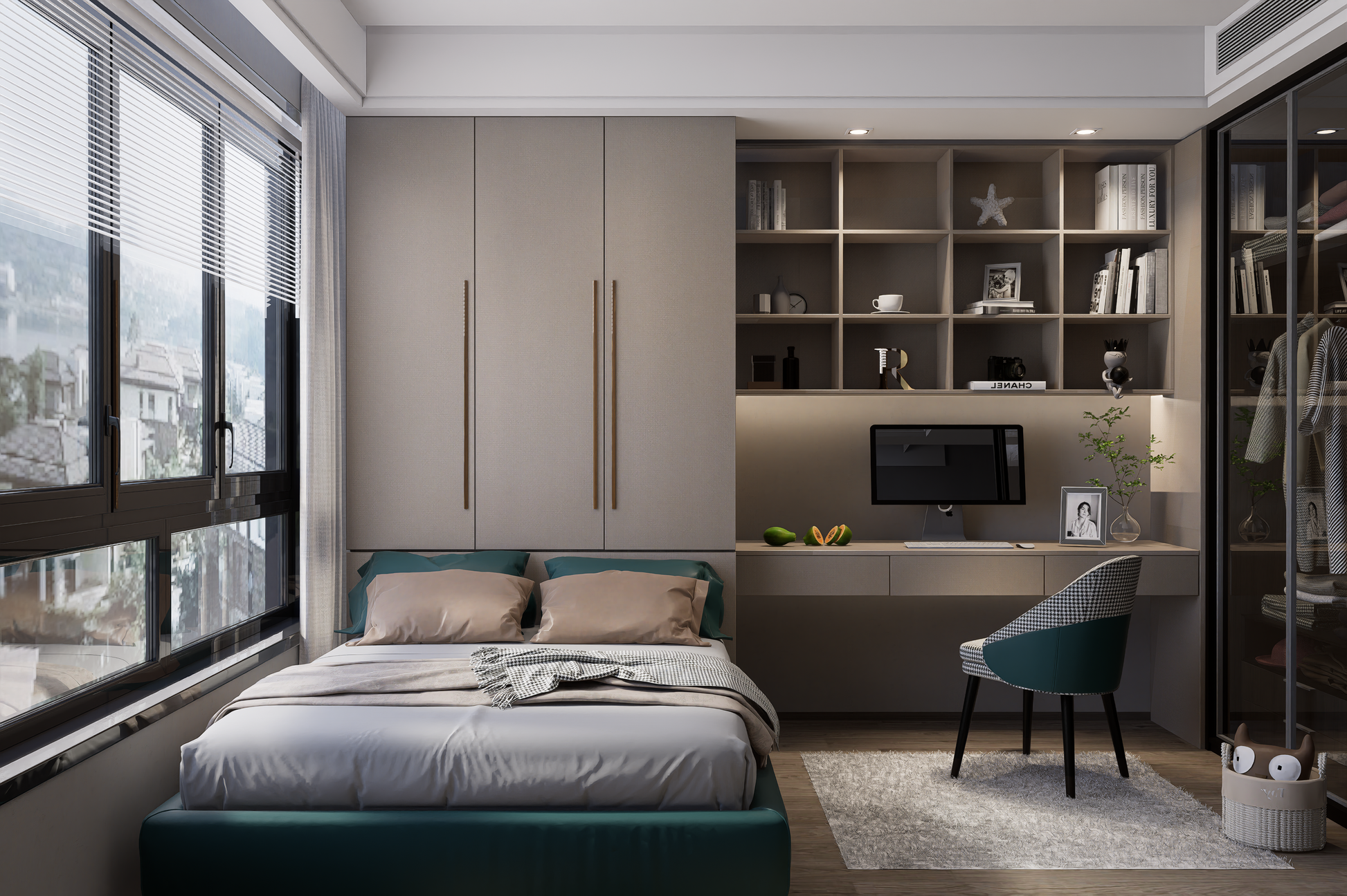 Beige fabric laminate used on modern bedroom cabinetry and shelving units with matte finish and textured pattern visible