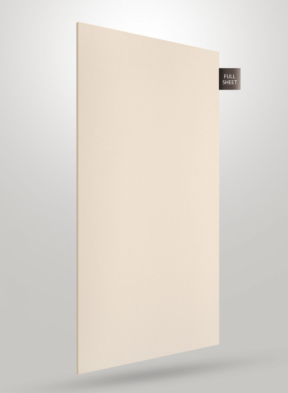 Beige fabric laminate sheet with matte finish and subtle texture, displayed as full sheet with visible thickness.