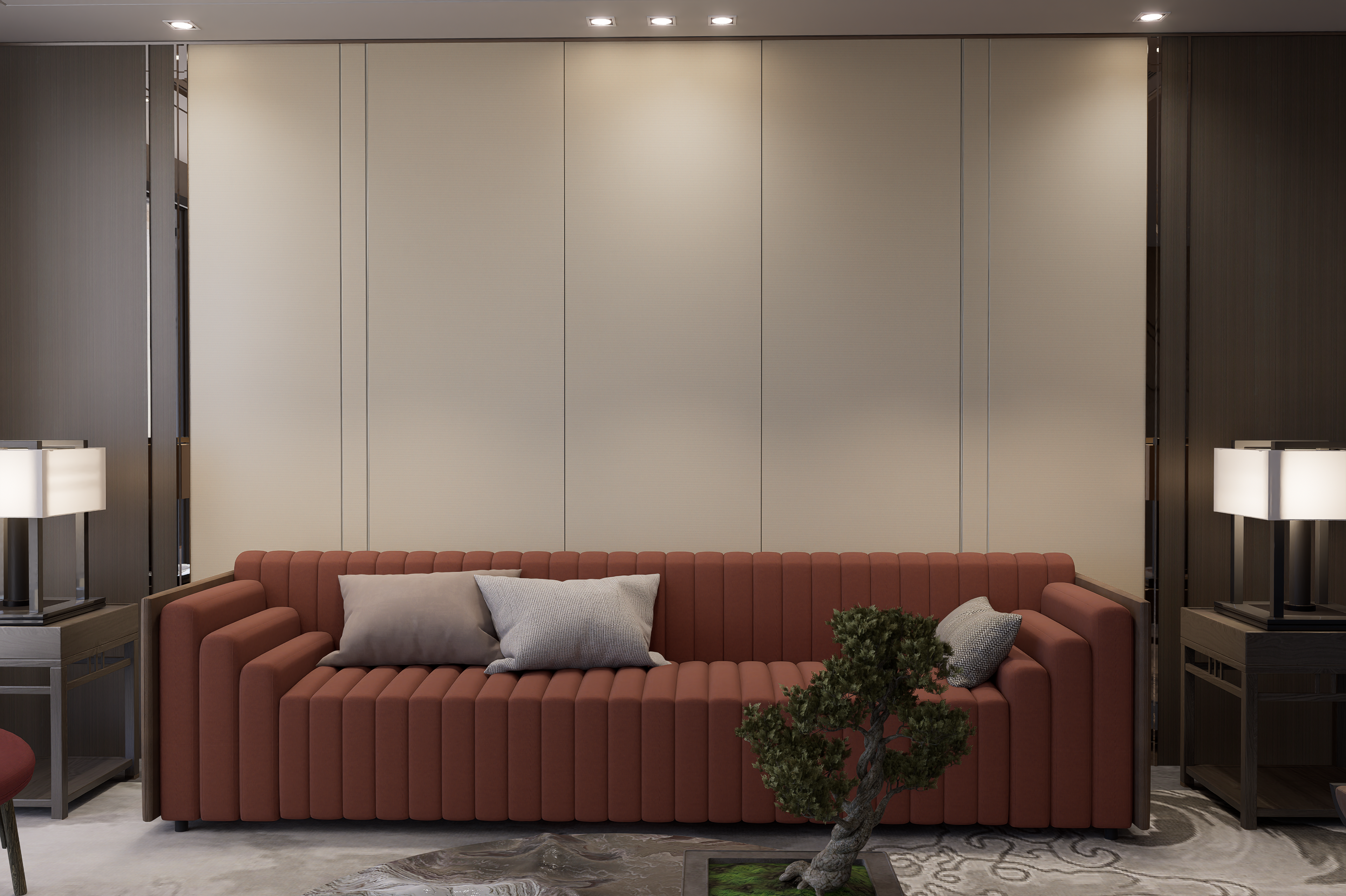 Beige matte fabric laminate wall panels with subtle texture in a modern living room setting with red sofa and decor.