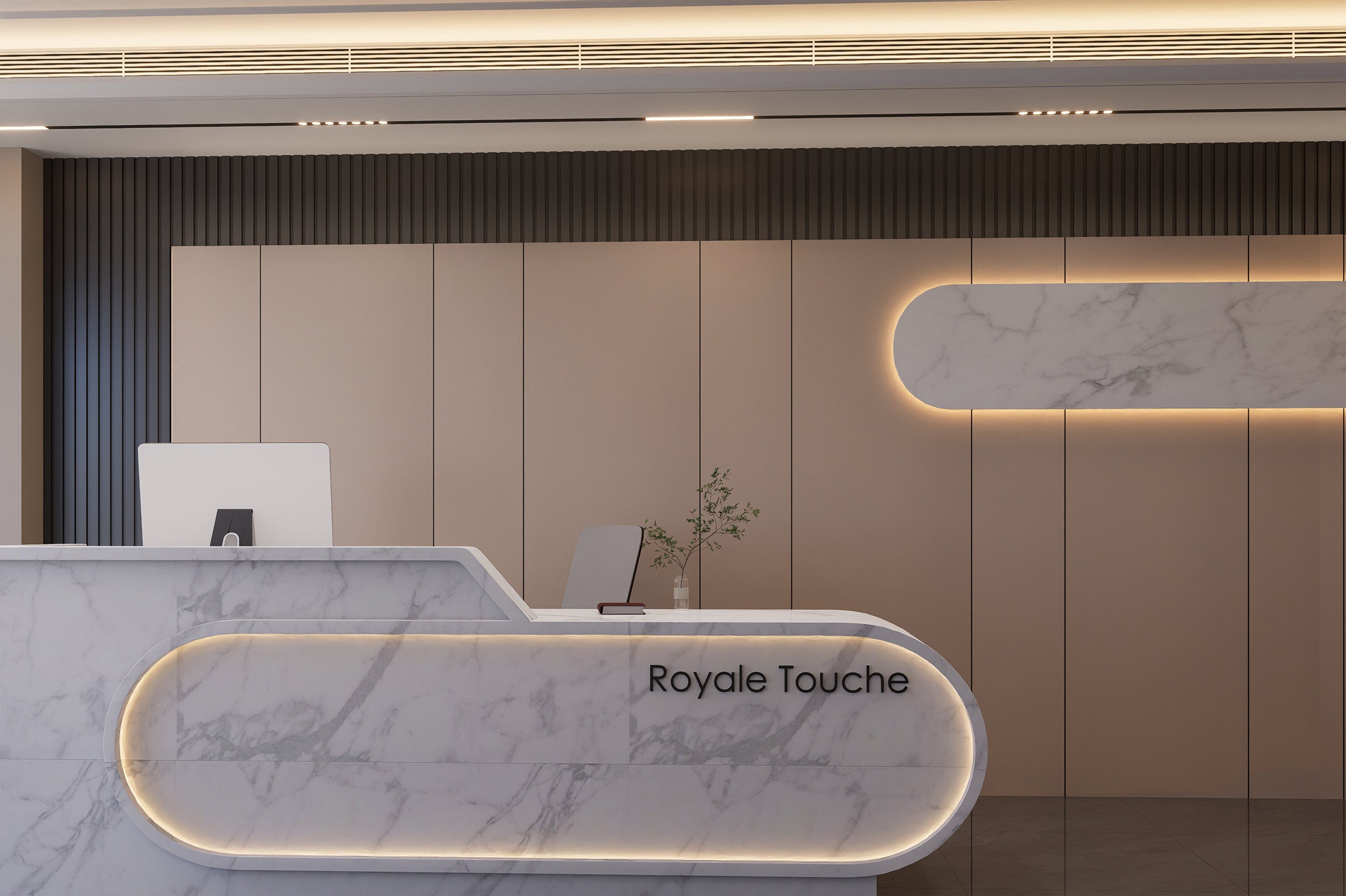 Beige matte fabric laminate wall panels in modern reception area with marble counter and backlit accents