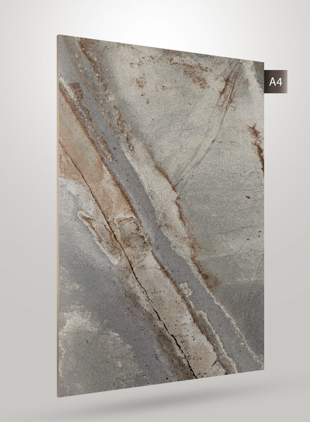 Multi-coloured marble patterned laminate with matte finish and diagonal veining on a grey background.