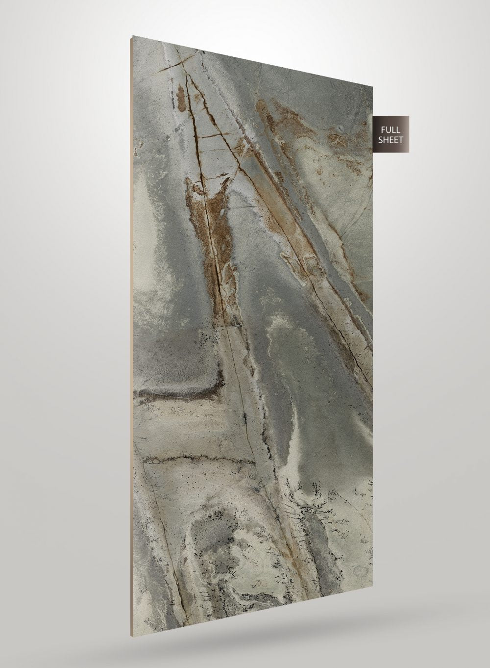 Multi-coloured abstract patterned laminate with matte finish and textured surface, shown as a full sheet.