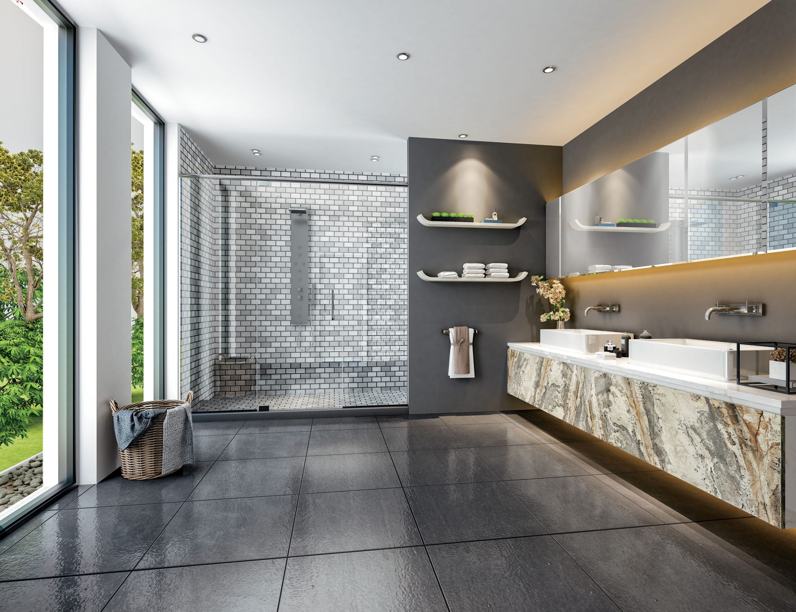 Multi-coloured patterned laminate in modern bathroom setting with marble vanity and grey tiles on floor and shower wall.