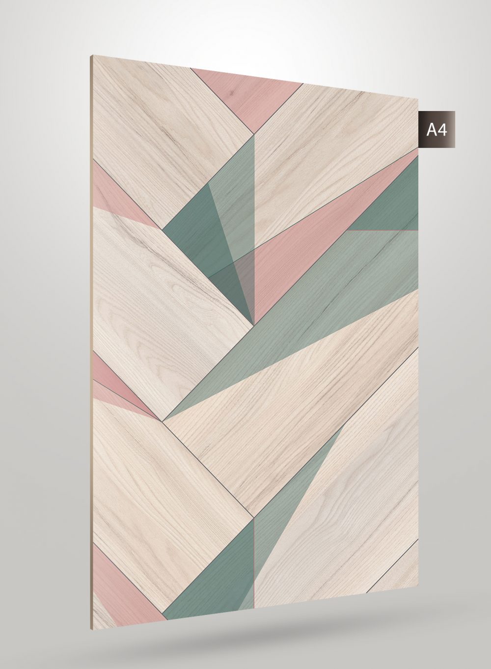 Multi-colored geometric patterned laminate with matte finish and wood grain texture in beige, pink and green hues.