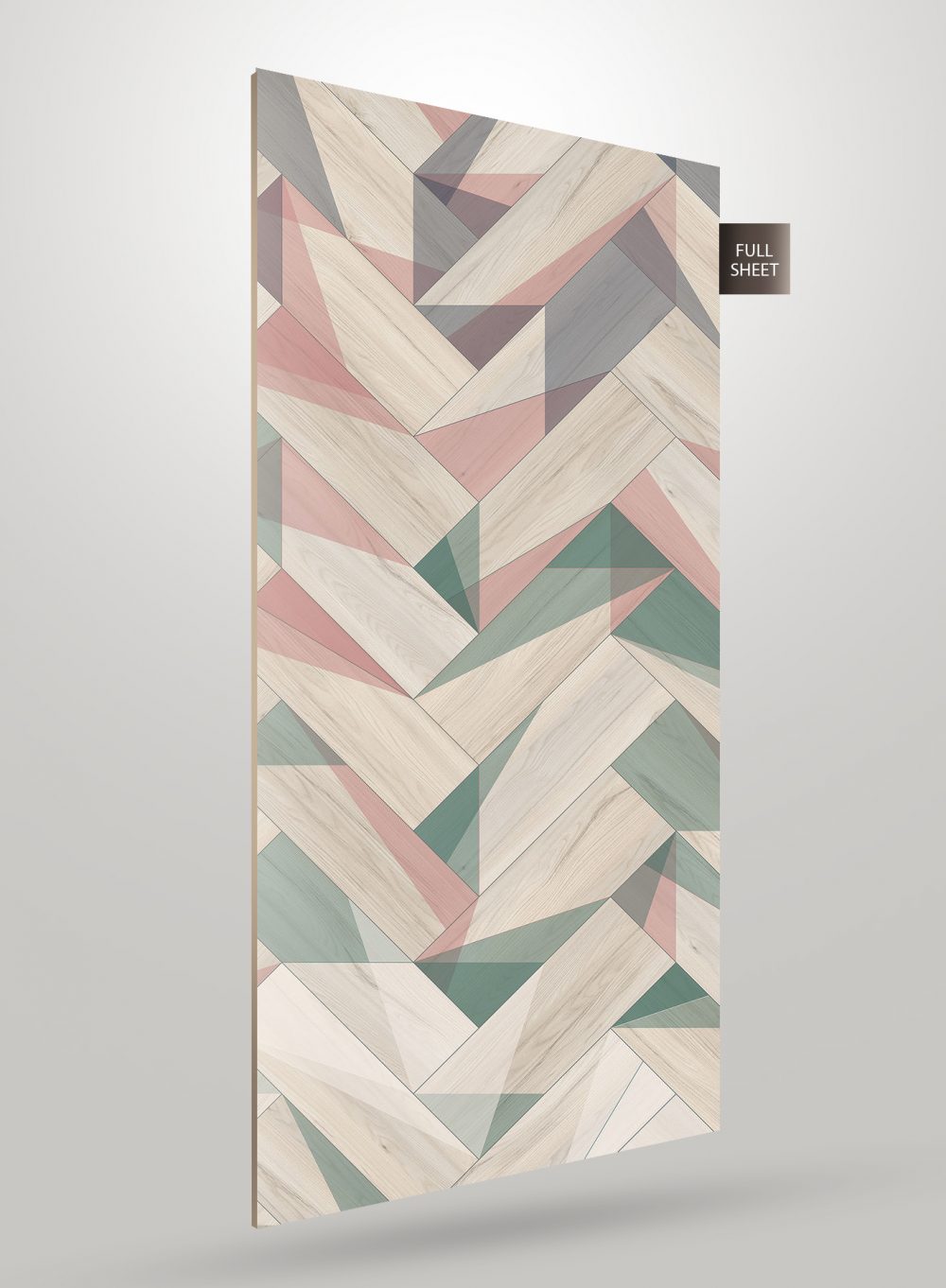 Multicoloured geometric patterned laminate sheet with matte finish and wood grain texture displayed as full sheet.