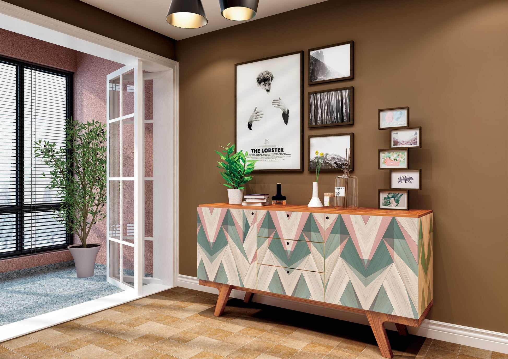 Multicoloured geometric patterned laminate on dresser in modern room with brown walls and framed artwork on display