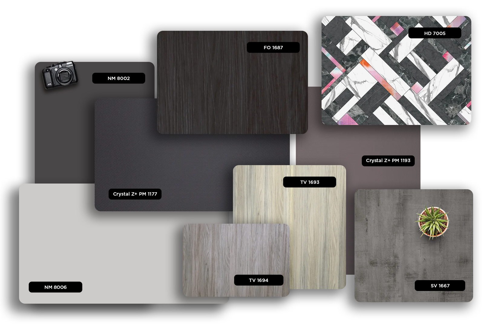 Multicolored geometric patterned laminate with matte finish and various designs displayed in a collage of different samples.