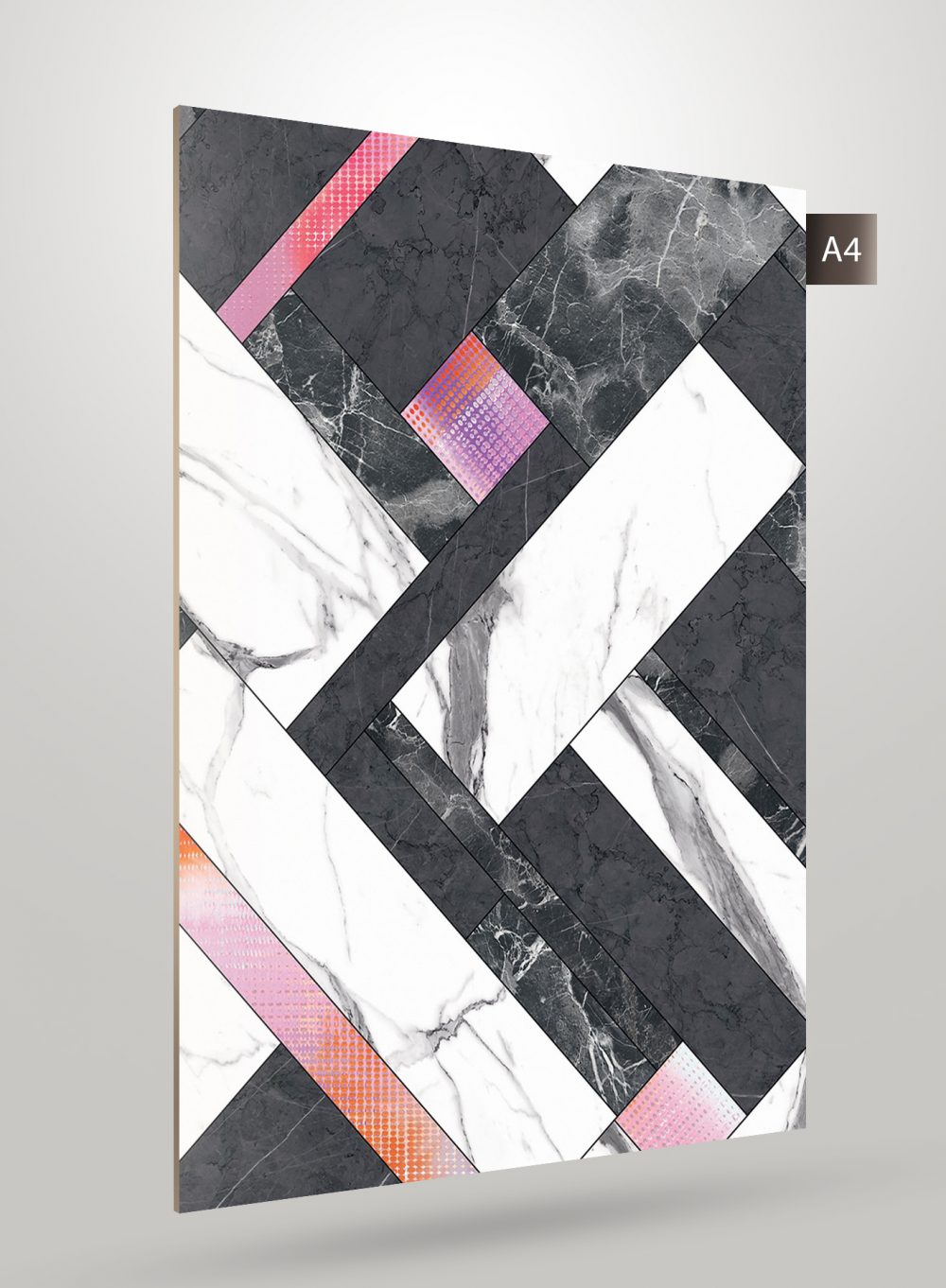 Multicolored geometric patterned laminate with marble texture and diagonal stripes in black white and pink hues on matte