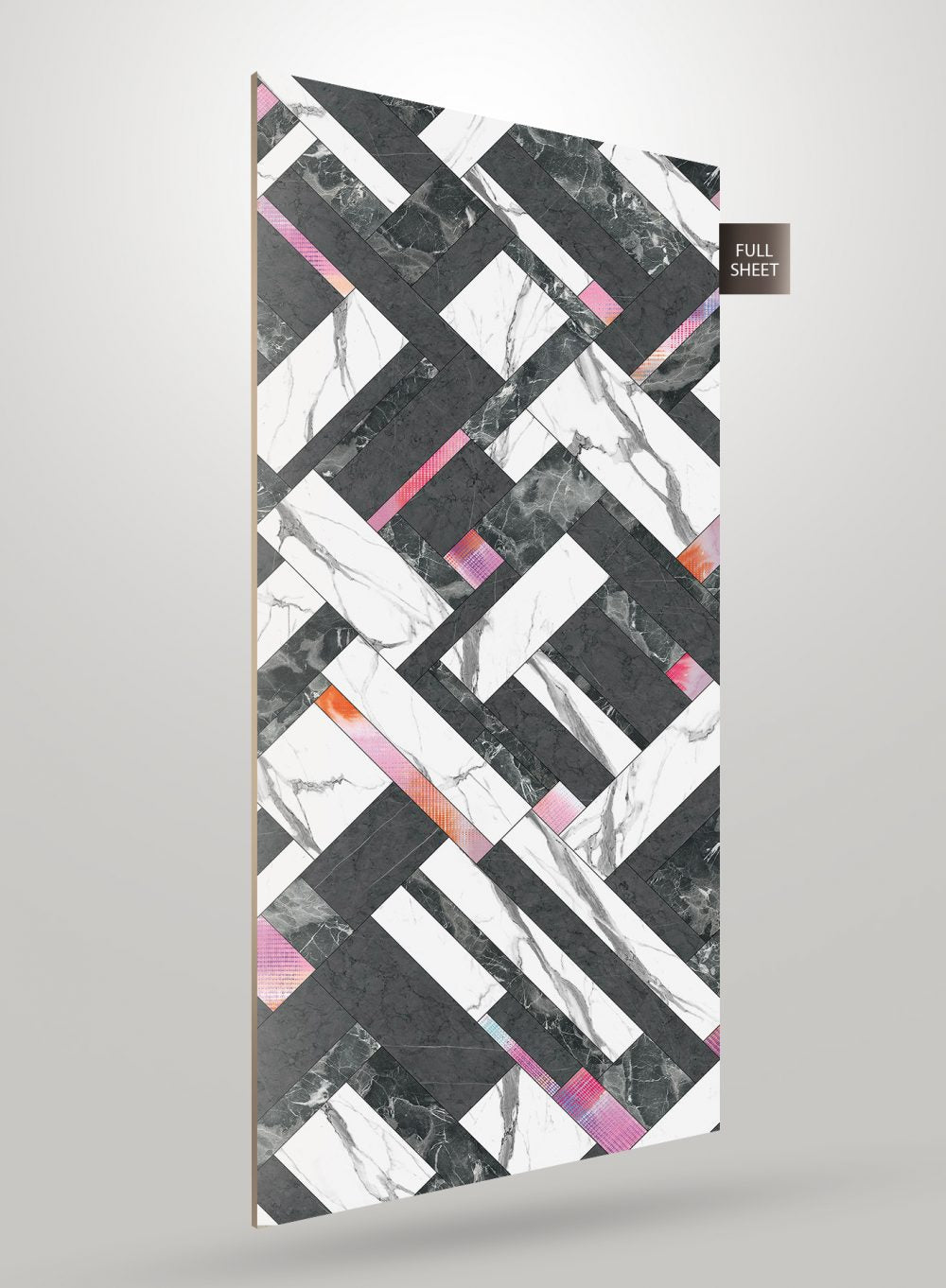 Multicolour patterned laminate with geometric design and marble texture, featuring black, white, and pink hues, matte finish.