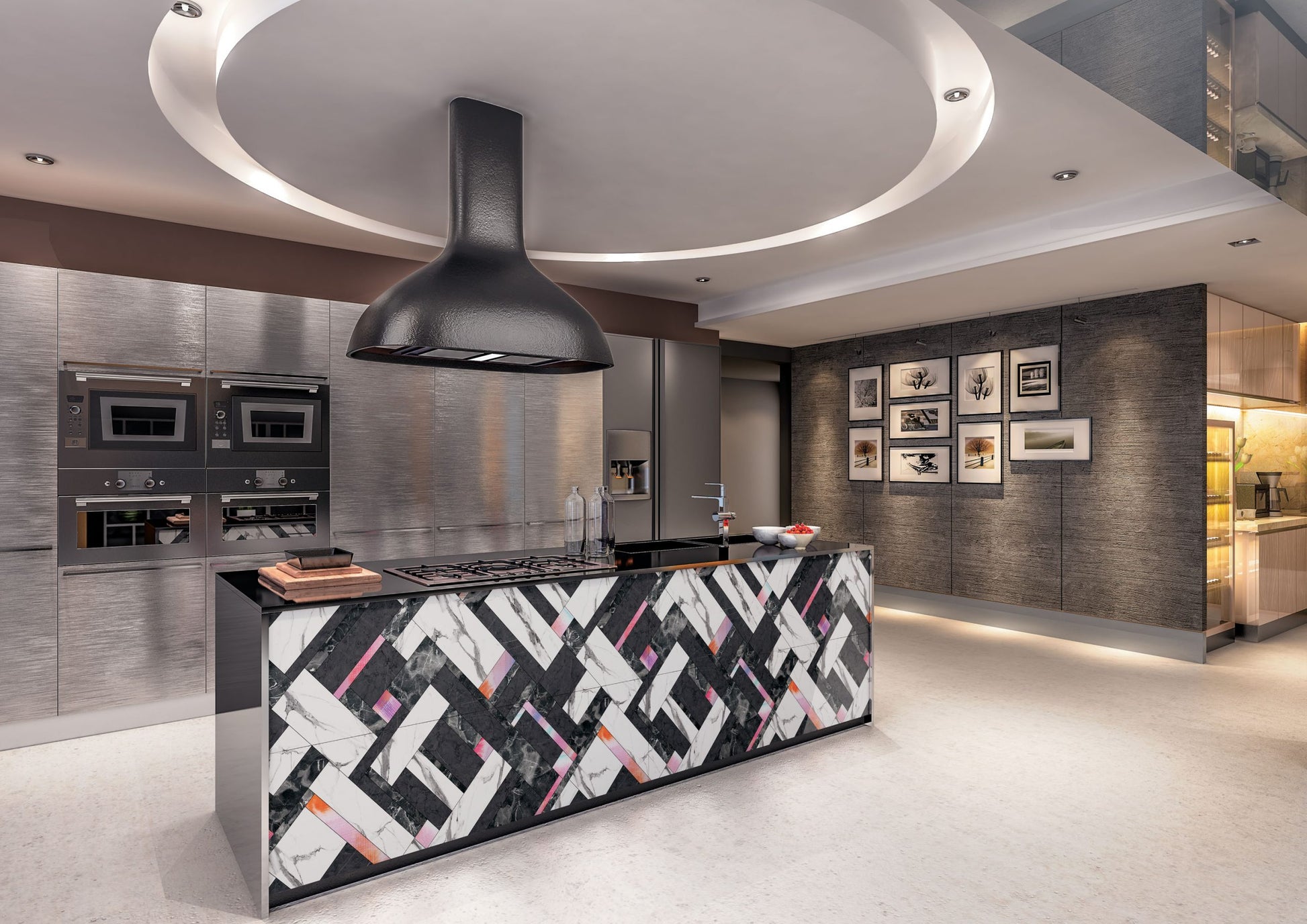 Multi-coloured geometric patterned laminate in modern kitchen setting with matte finish and textured design on island