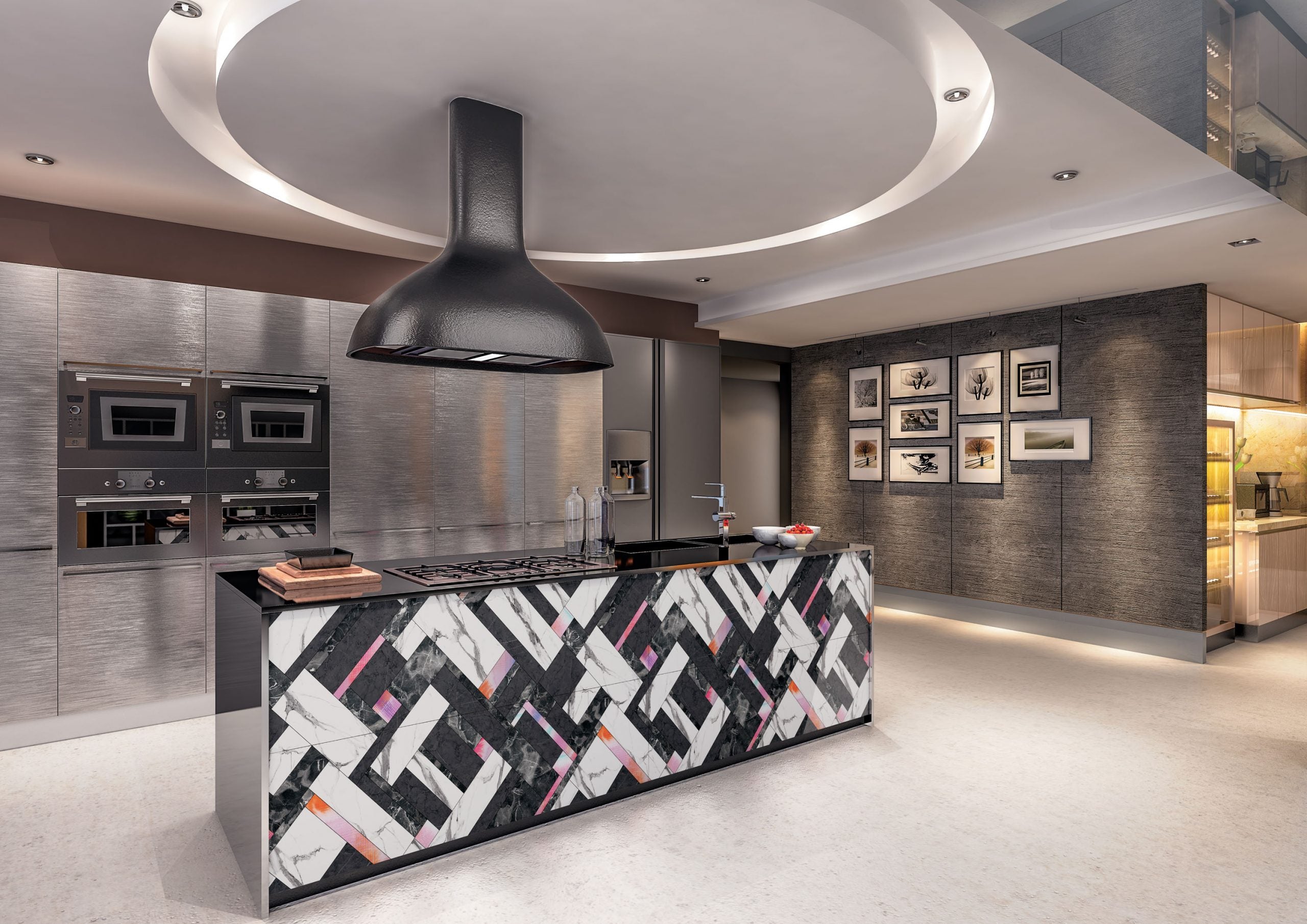 Multi-coloured geometric patterned laminate in modern kitchen setting with matte finish and textured design on island
