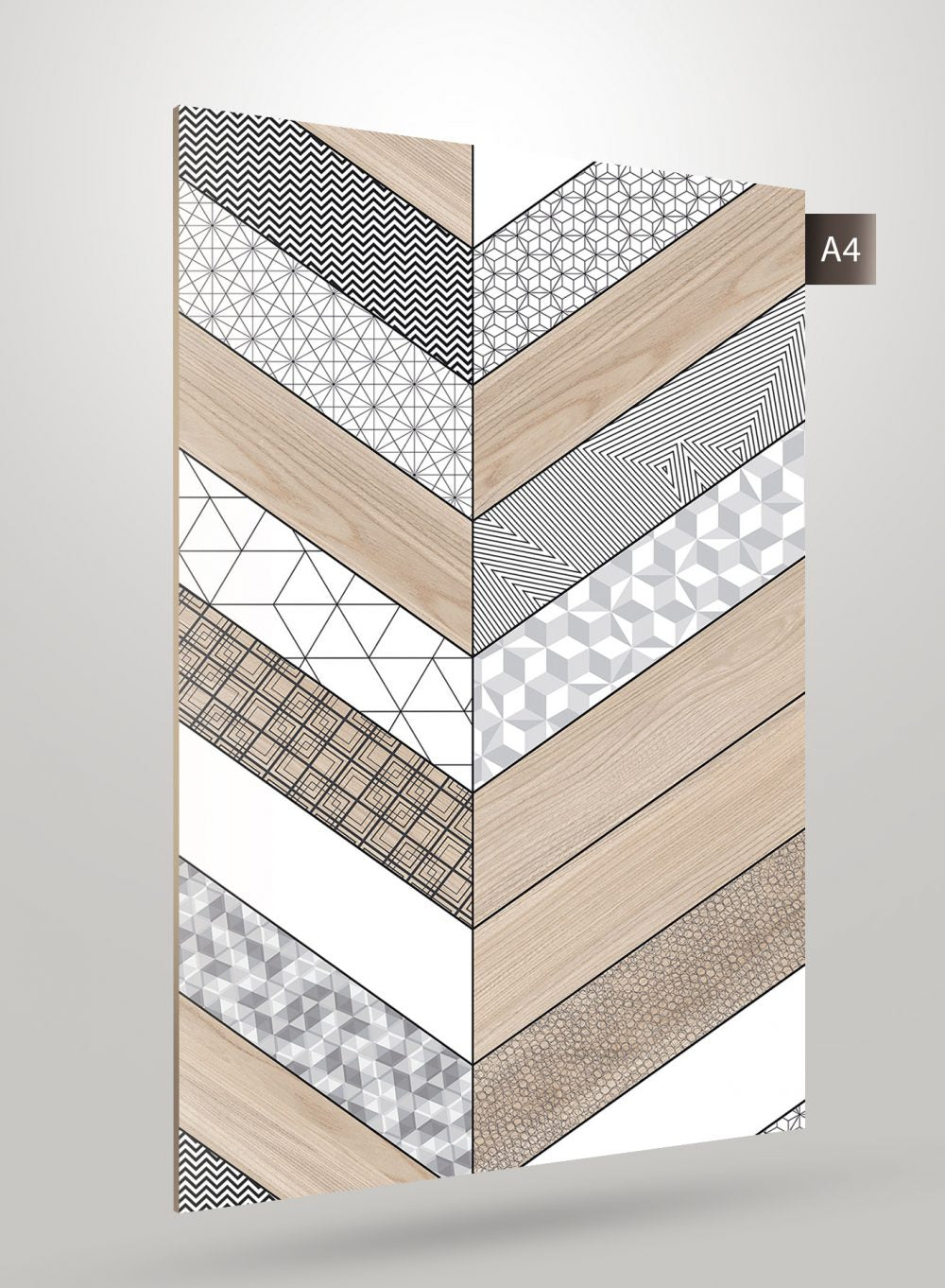 Multi-colored geometric patterned laminate with various designs and wood grain textures displayed in a chevron arrangement.