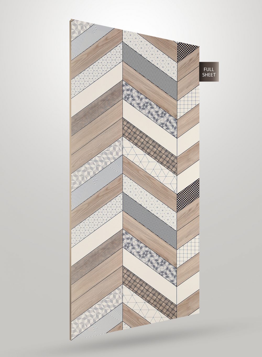 Multi-coloured patterned laminate sheet with various geometric designs and textures, displayed as full sheet with diagonal