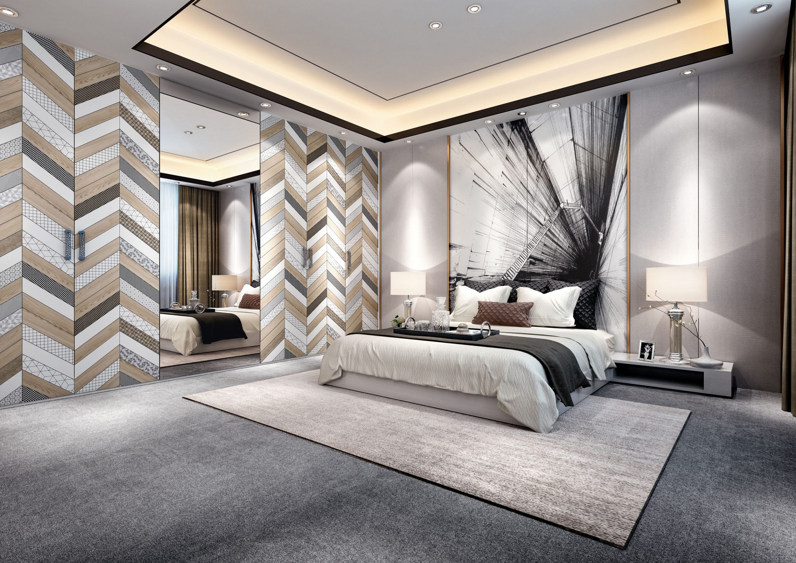 Multi-colored chevron patterned laminate wall panels with matte finish in a modern bedroom interior design setting.