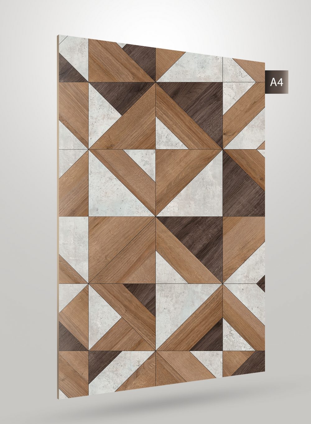 Brown geometric patterned laminate with matte finish and wood grain texture, featuring marble accents in a repeating design.
