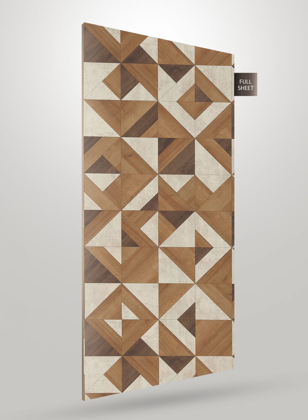 Brown geometric patterned laminate sheet with matte finish and wood grain texture, displaying a decorative design.