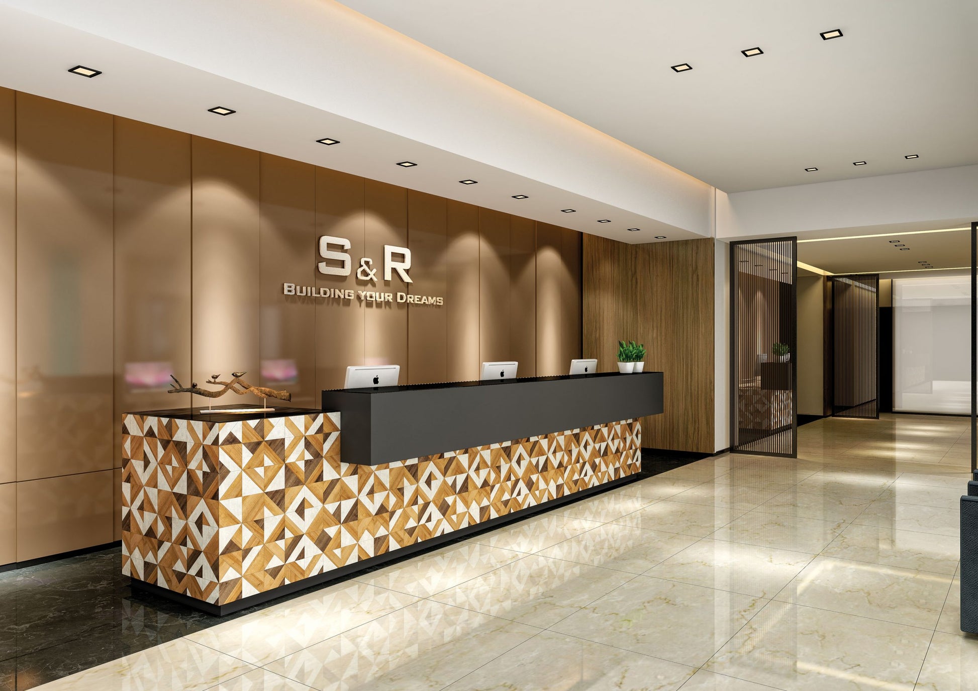Brown patterned laminate wall panels with matte finish in a modern office reception area with geometric patterned counter.