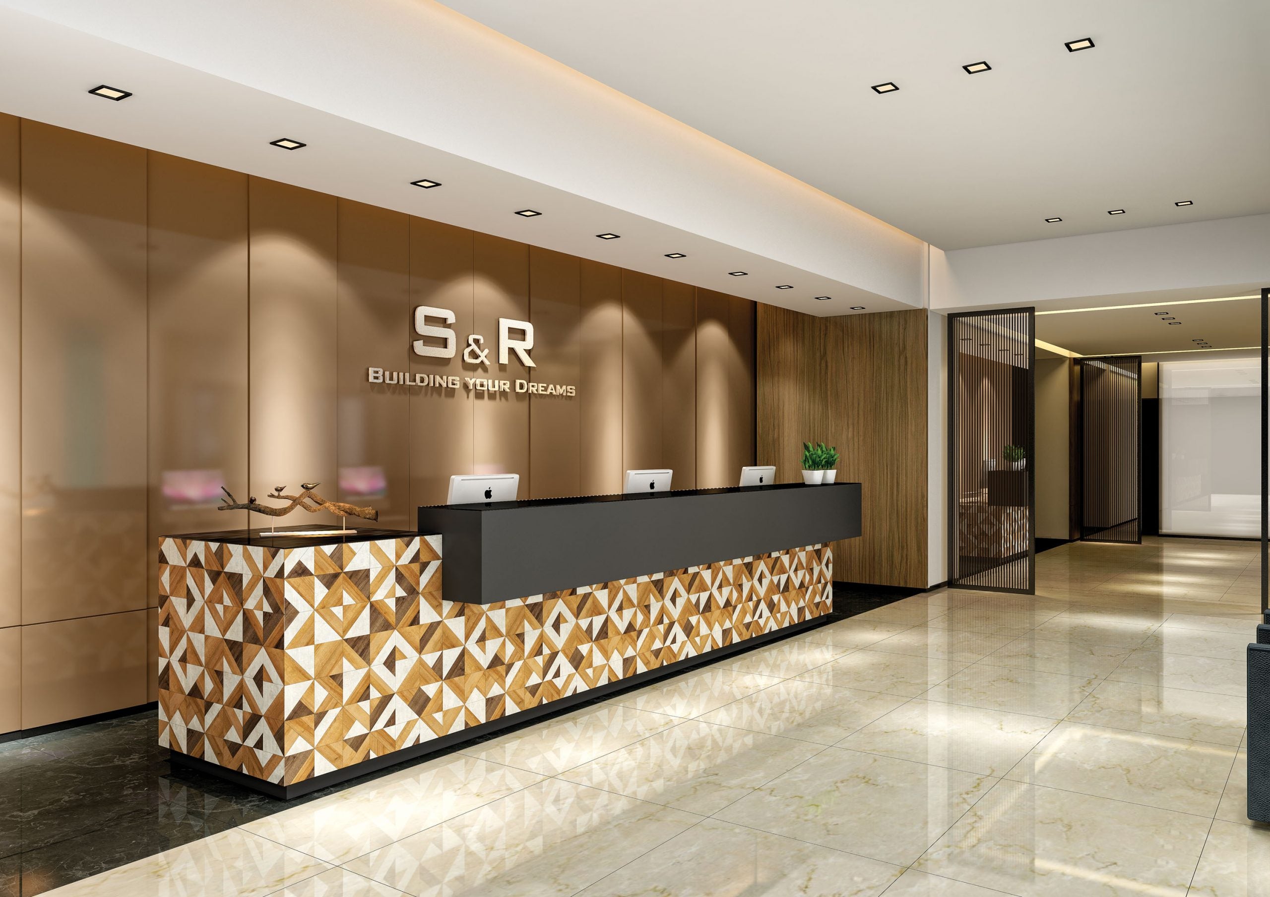 Brown patterned laminate wall panels with matte finish in a modern office reception area with geometric patterned counter.