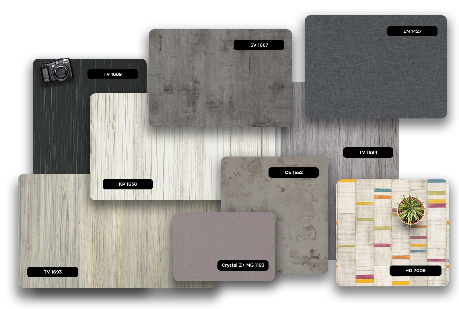 Multicolored patterned laminate HD 7008 with matte finish and striped design displayed alongside various other laminate