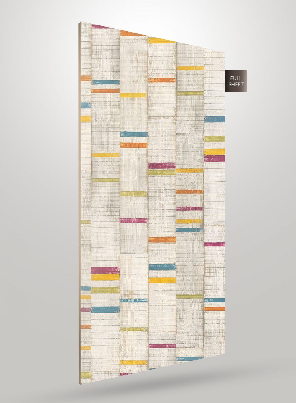 Multi-coloured striped patterned laminate with matte finish and textured surface displayed as full sheet.