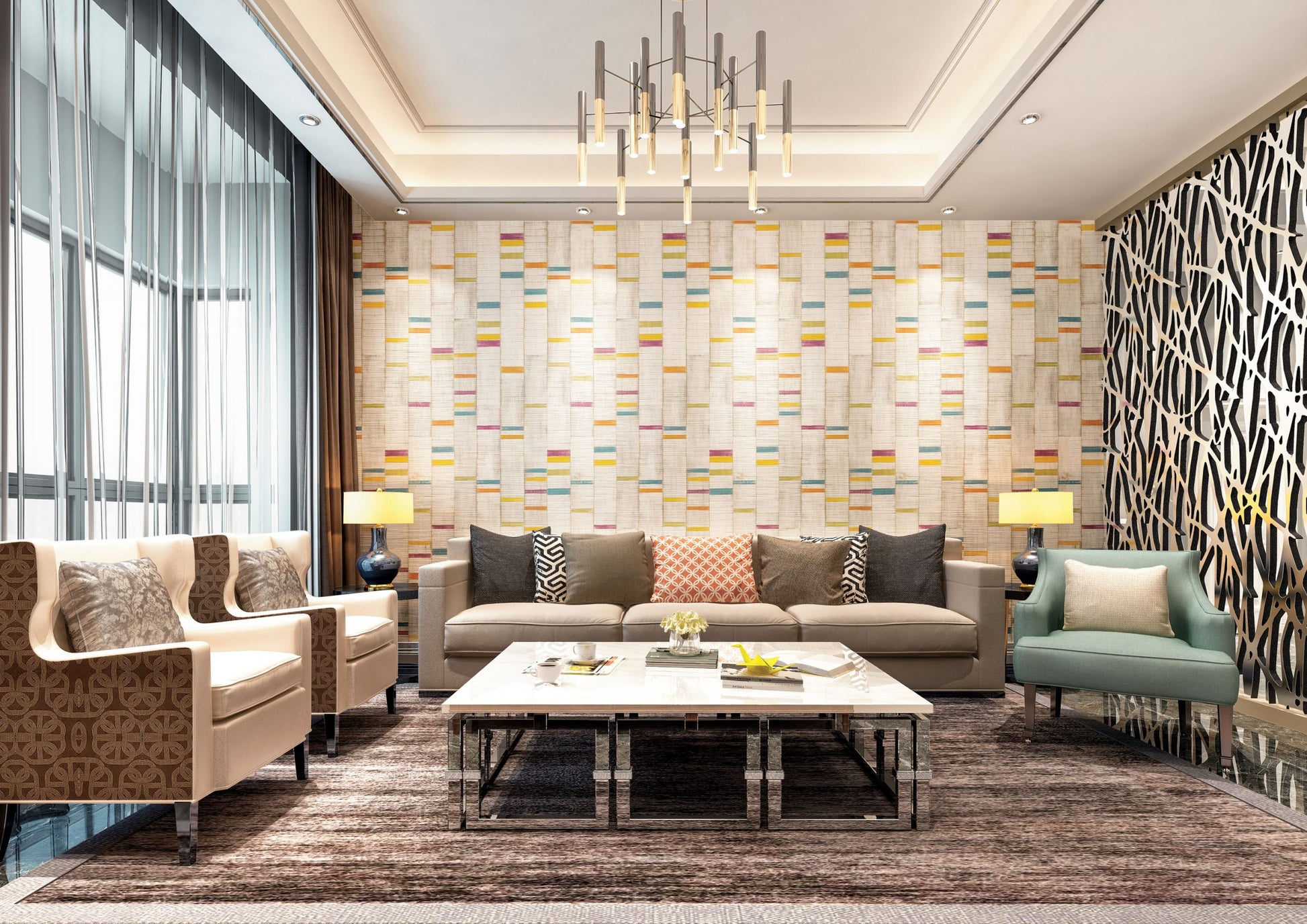 Multicoloured striped patterned laminate wall in modern living room with beige sofa and patterned accent chairs