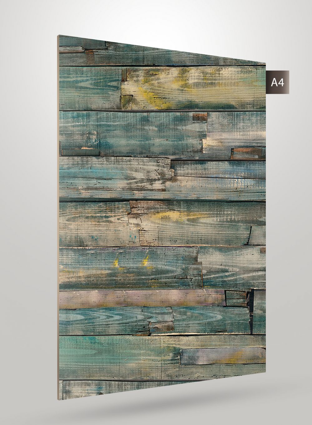 Multicolored wood grain decorative laminate with matte finish and textured surface showing distressed wood pattern and
