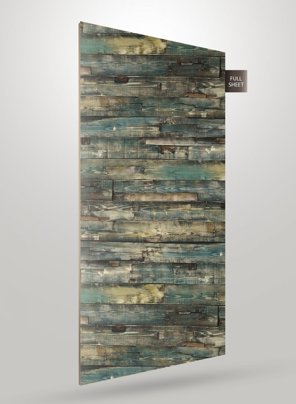 Multi-coloured wood laminate sheet with distressed texture and matte finish, showing wood grain pattern and rustic details.