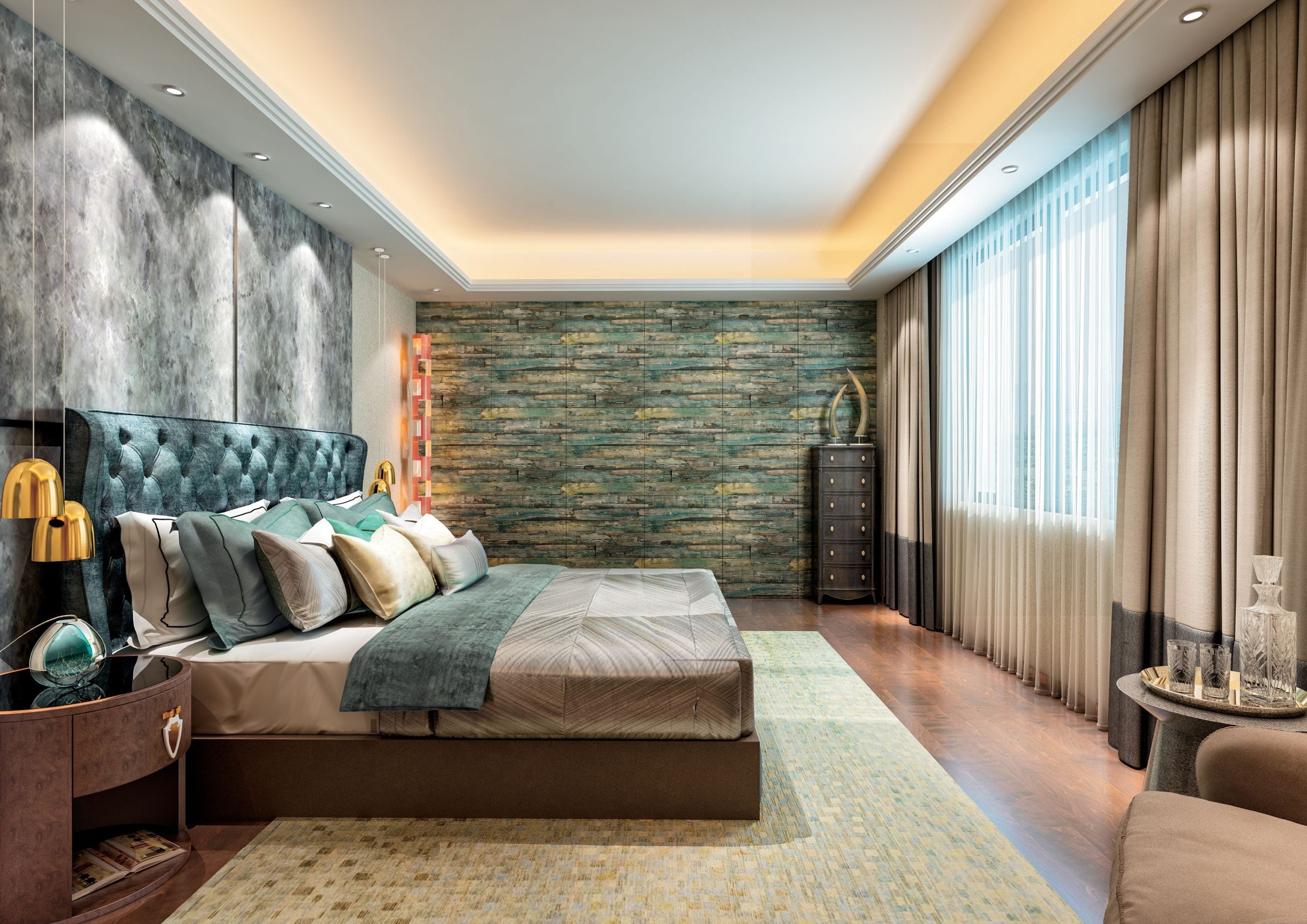 Multi-coloured wood laminate wall in modern bedroom with textured finish and natural wood grain pattern on adjacent walls