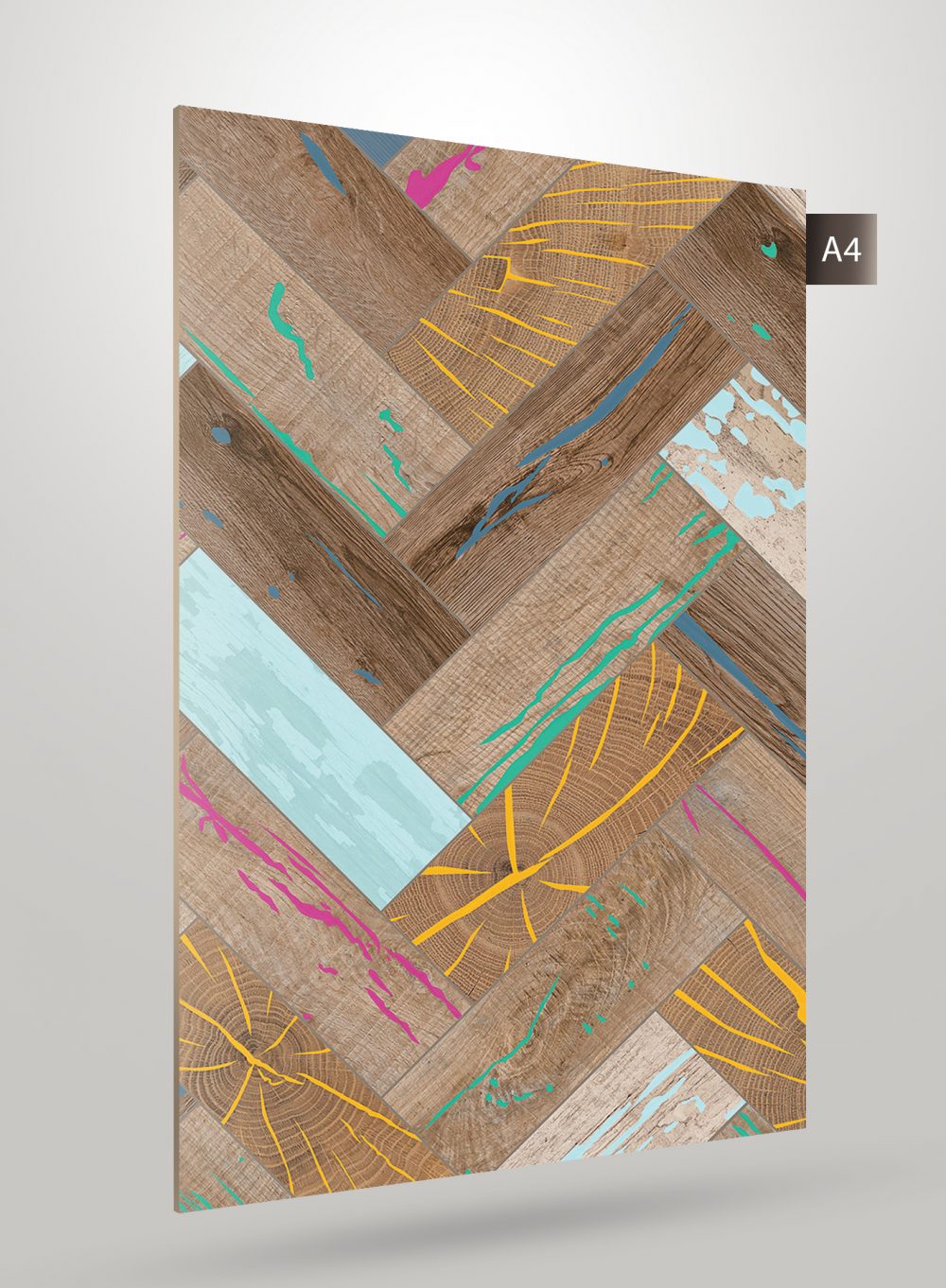 Brown patterned laminate with abstract design and matte finish, showing wood grain texture and colorful accents.