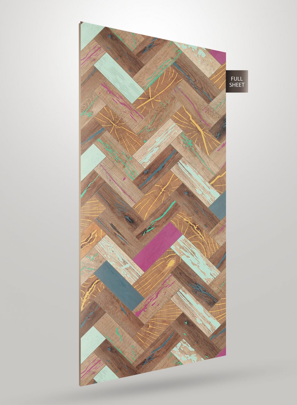 Brown patterned laminate sheet with multicolored accents in herringbone design, showing wood grain texture and matte finish.