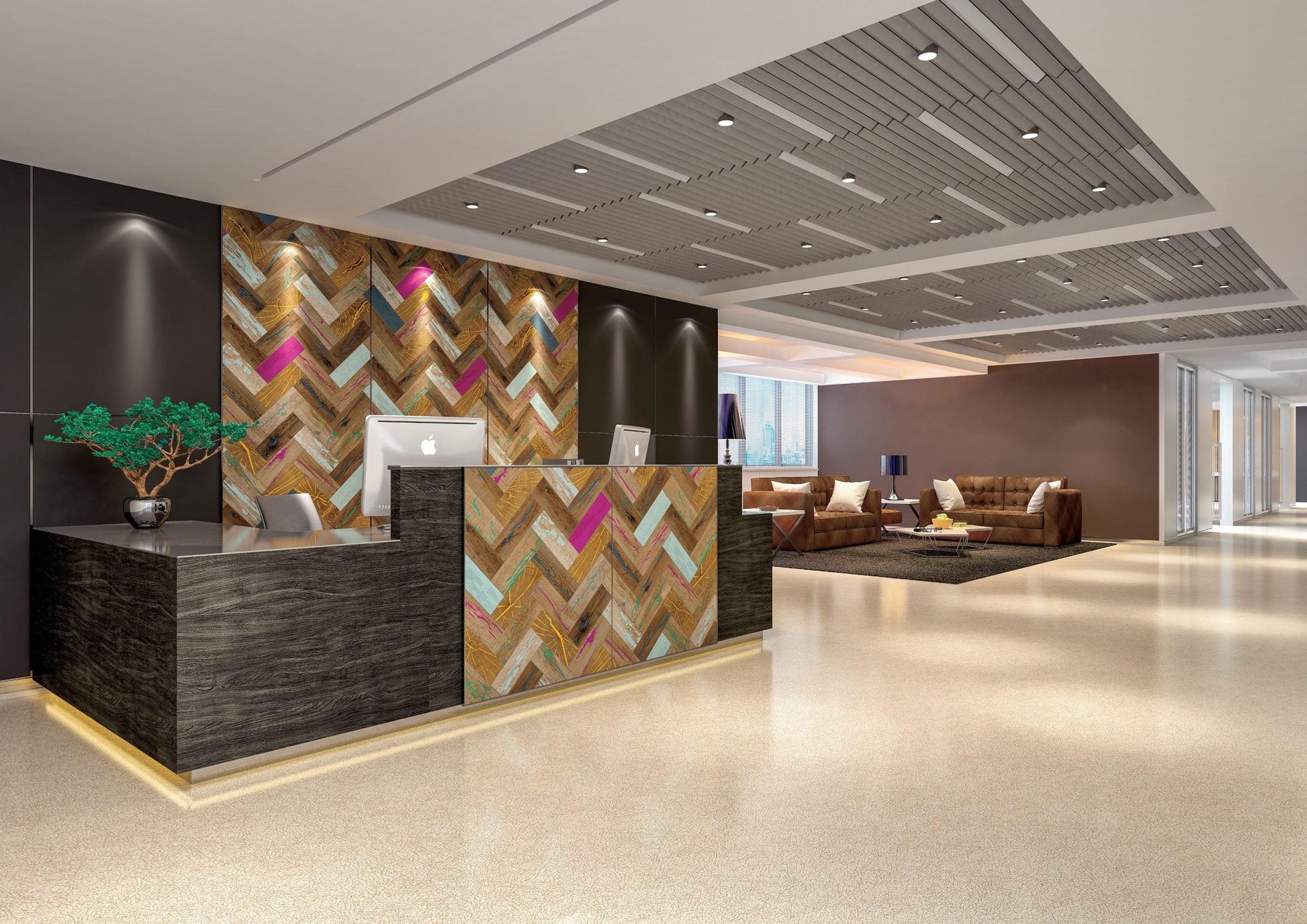 Multicolored patterned laminate in herringbone design on reception wall with matte finish in modern office lobby interior