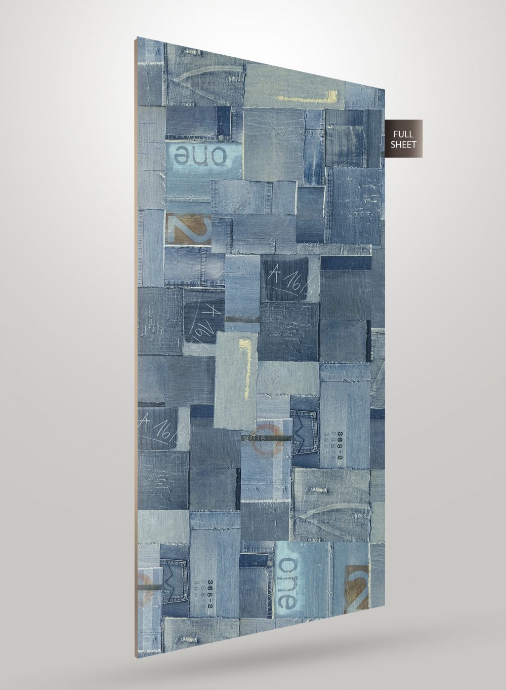 Blue patterned laminate sheet with abstract design and matte finish, displaying various shades and textures of blue.