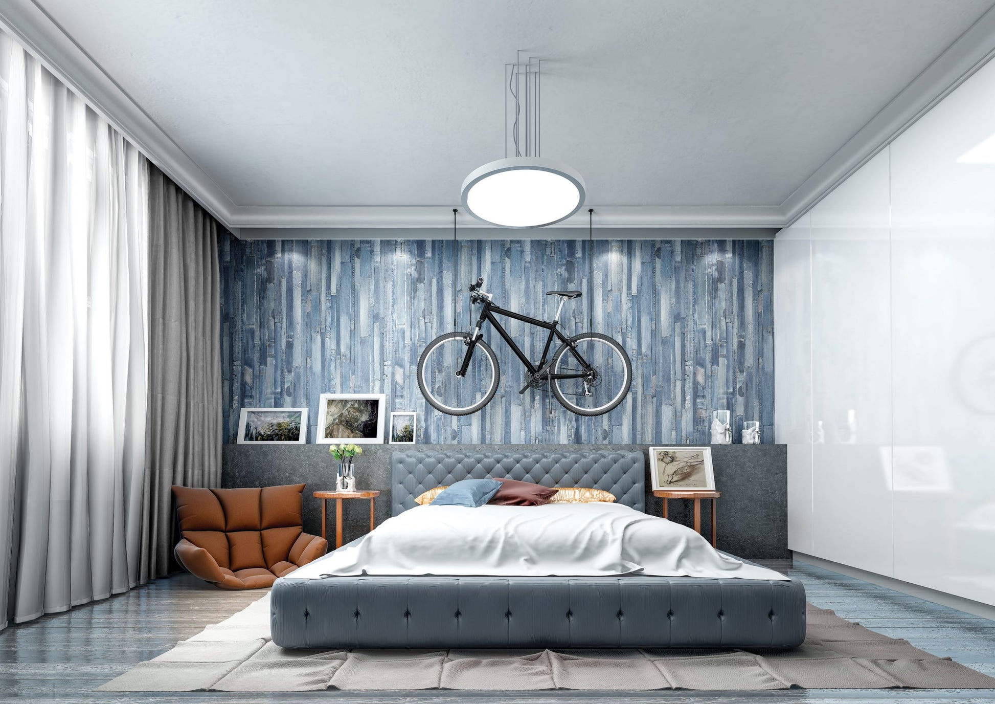 Blue patterned laminate wall in modern bedroom with bed, bicycle decoration and minimalist furniture, showing matte finish