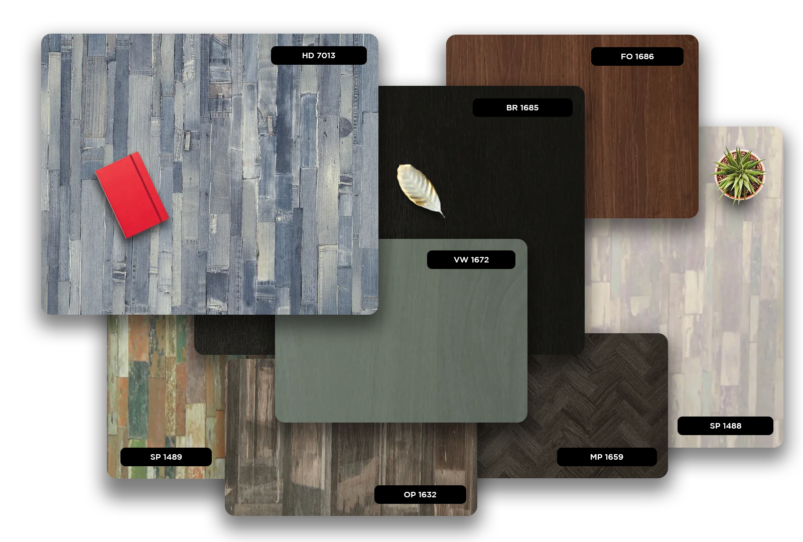 Multi-colored wood grain laminate with matte finish and visible texture, showcasing various patterns and designs in a