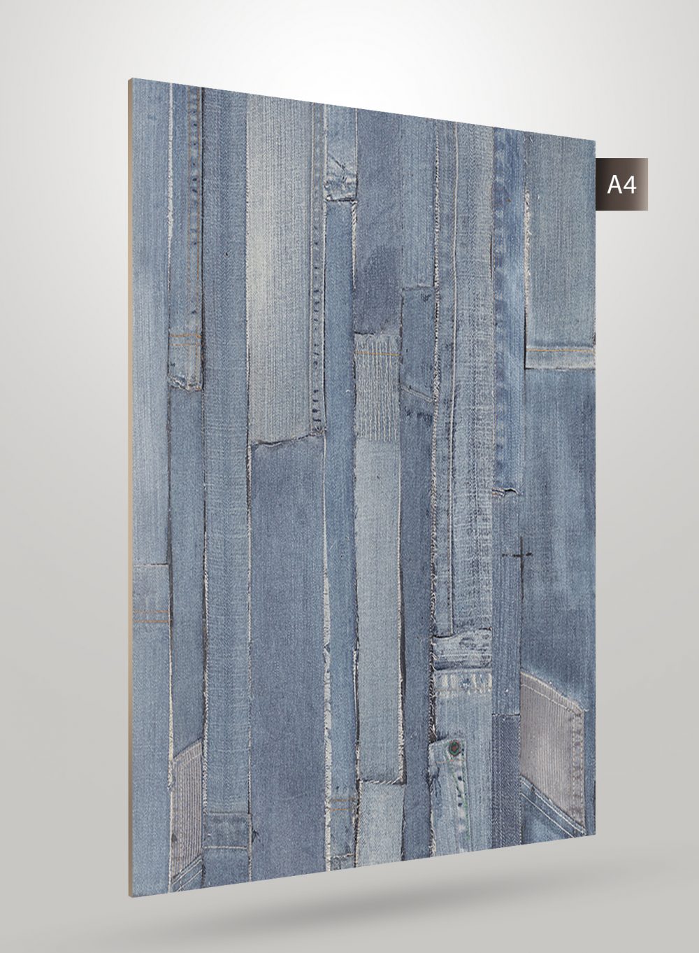 Multi-coloured wood laminate with distressed pattern and matte finish, showcasing textured surface and wood grain details.