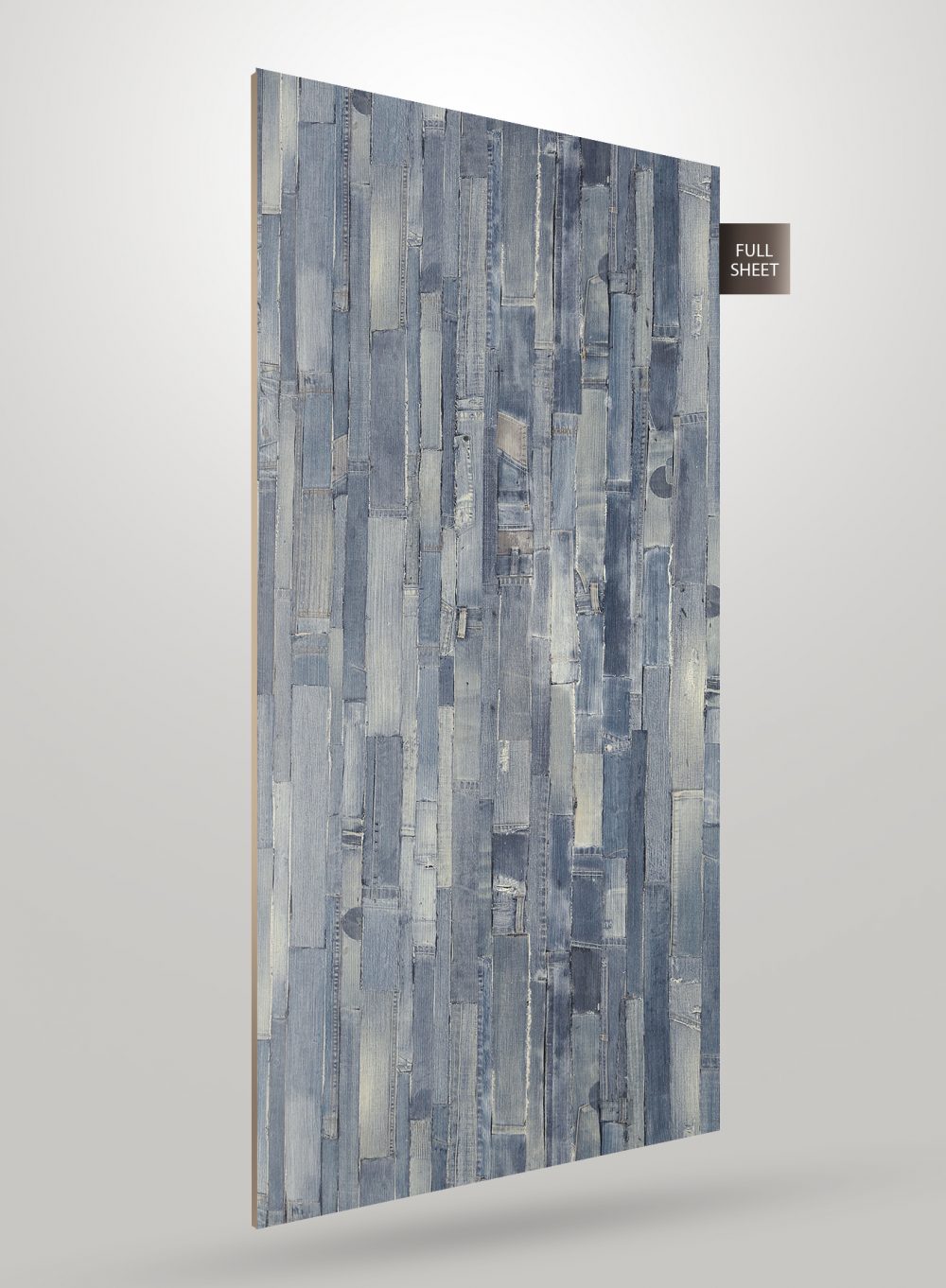 Multi-coloured wood grain decorative laminate with matte finish and textured pattern on a full sheet.