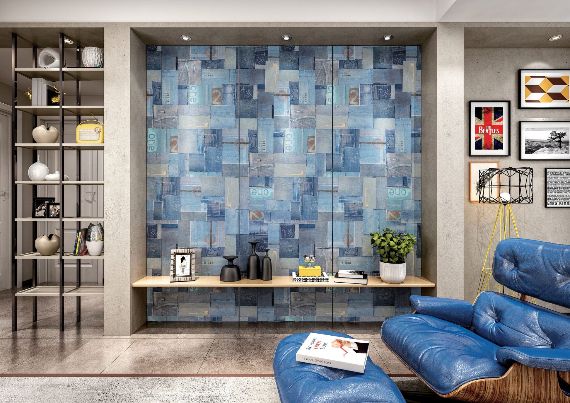 Multi-colored laminate wall with currency pattern in various blue shades and matte finish in a modern living room setting