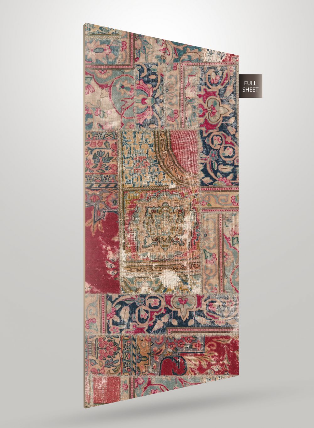 Multicolored fabric laminate with distressed pattern and matte finish, showing textured surface and full sheet view.