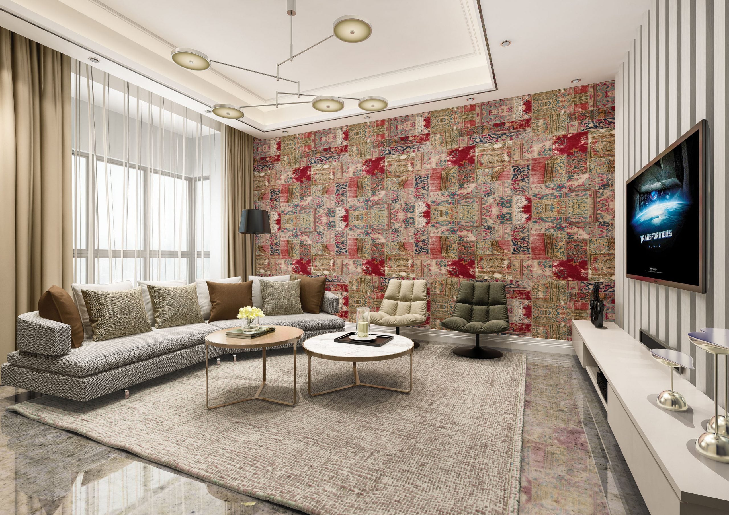 Multicolored fabric laminate wall with red, beige, blue pattern in modern living room with gray sofa and TV unit
