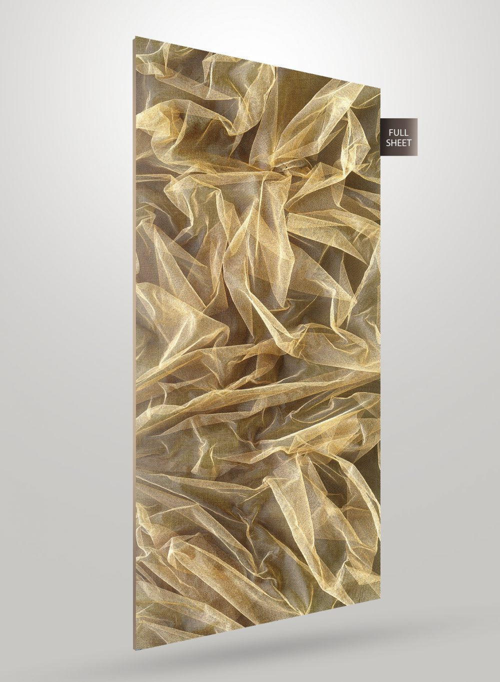 Gold patterned decorative laminate with matte finish and textured fabric-like design on a full sheet.