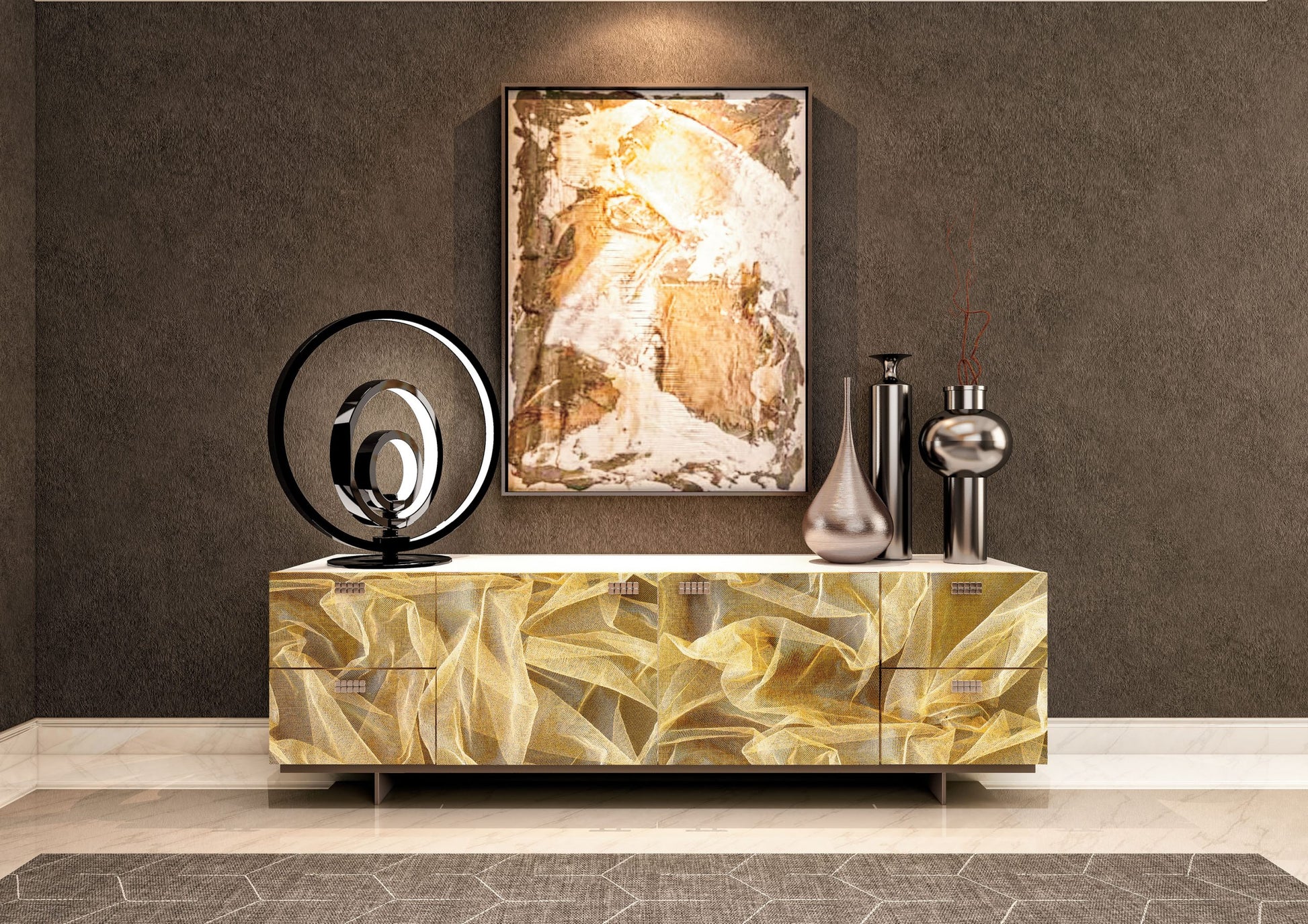 Multi-coloured patterned laminate cabinet with matte finish in a modern room setting with decorative vases and abstract art.