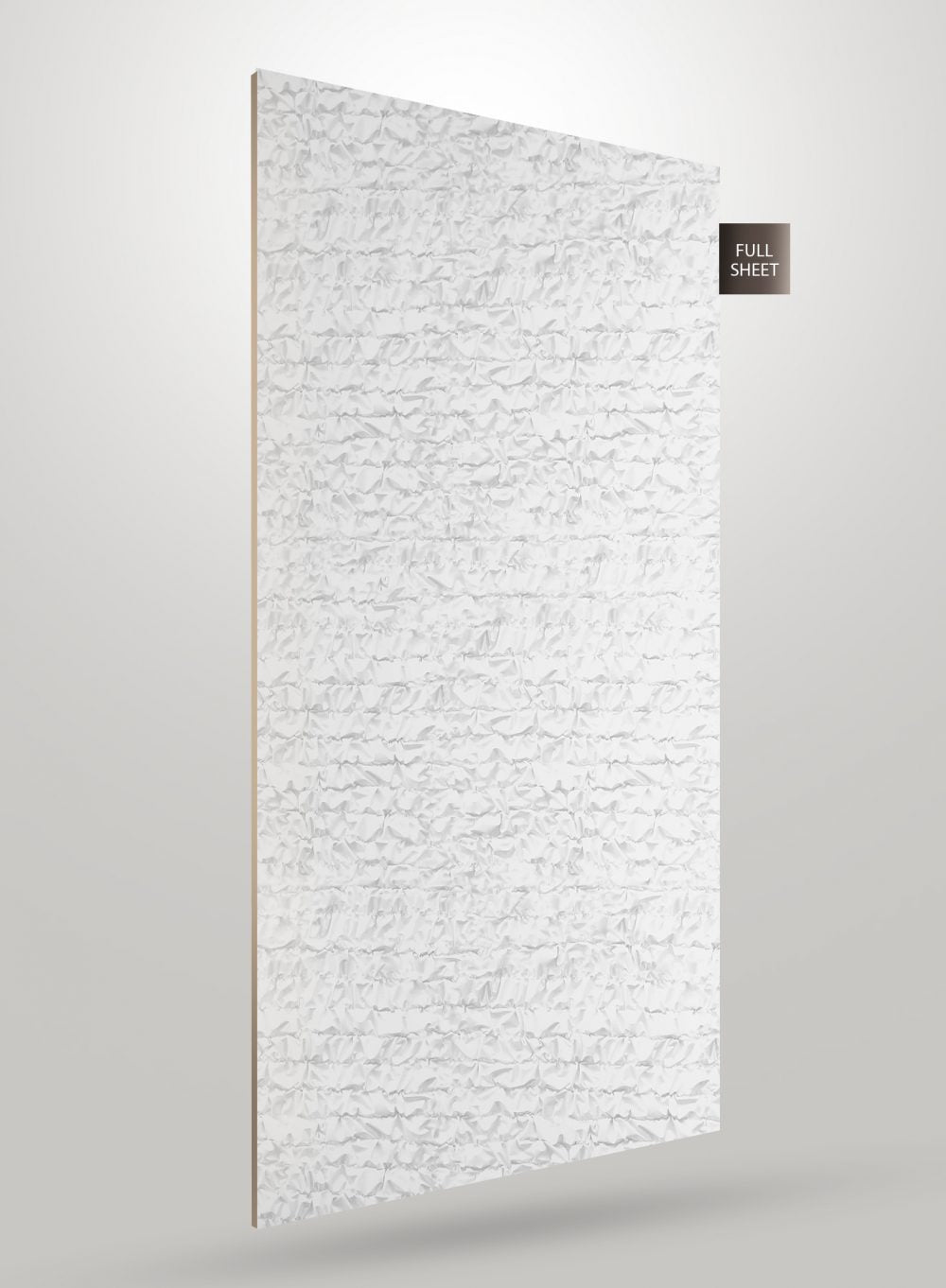 Multi-colored patterned laminate sheet with textured finish and crumpled design on white background, labeled full sheet.