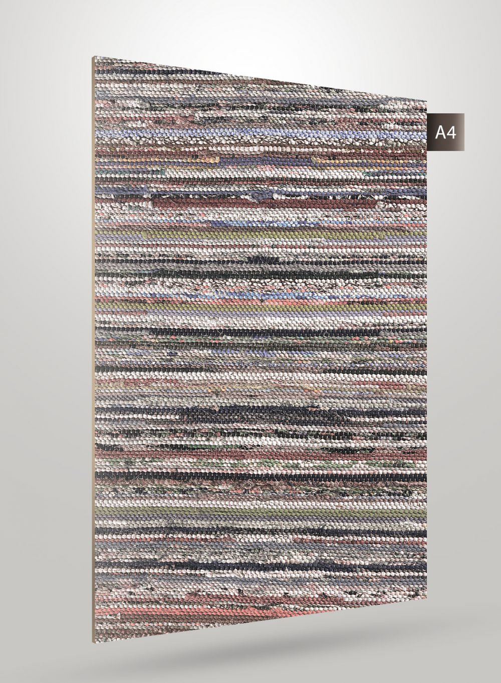 Multicolored fabric laminate with striped pattern and matte finish, showing textured woven design with various hues and