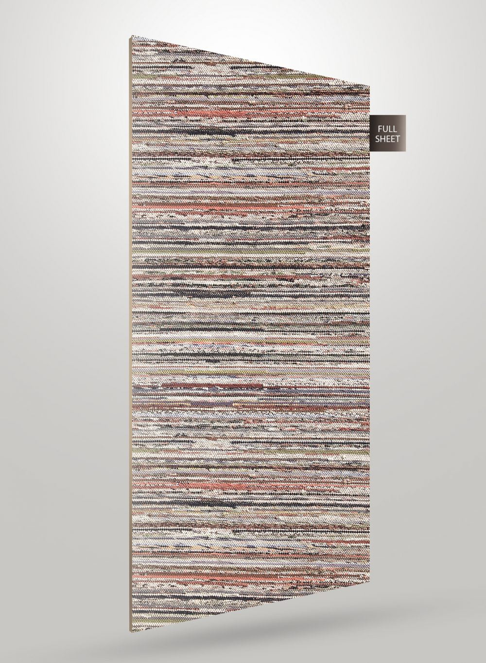 Brown fabric laminate with striped pattern and matte finish, showing textured surface and full sheet label.