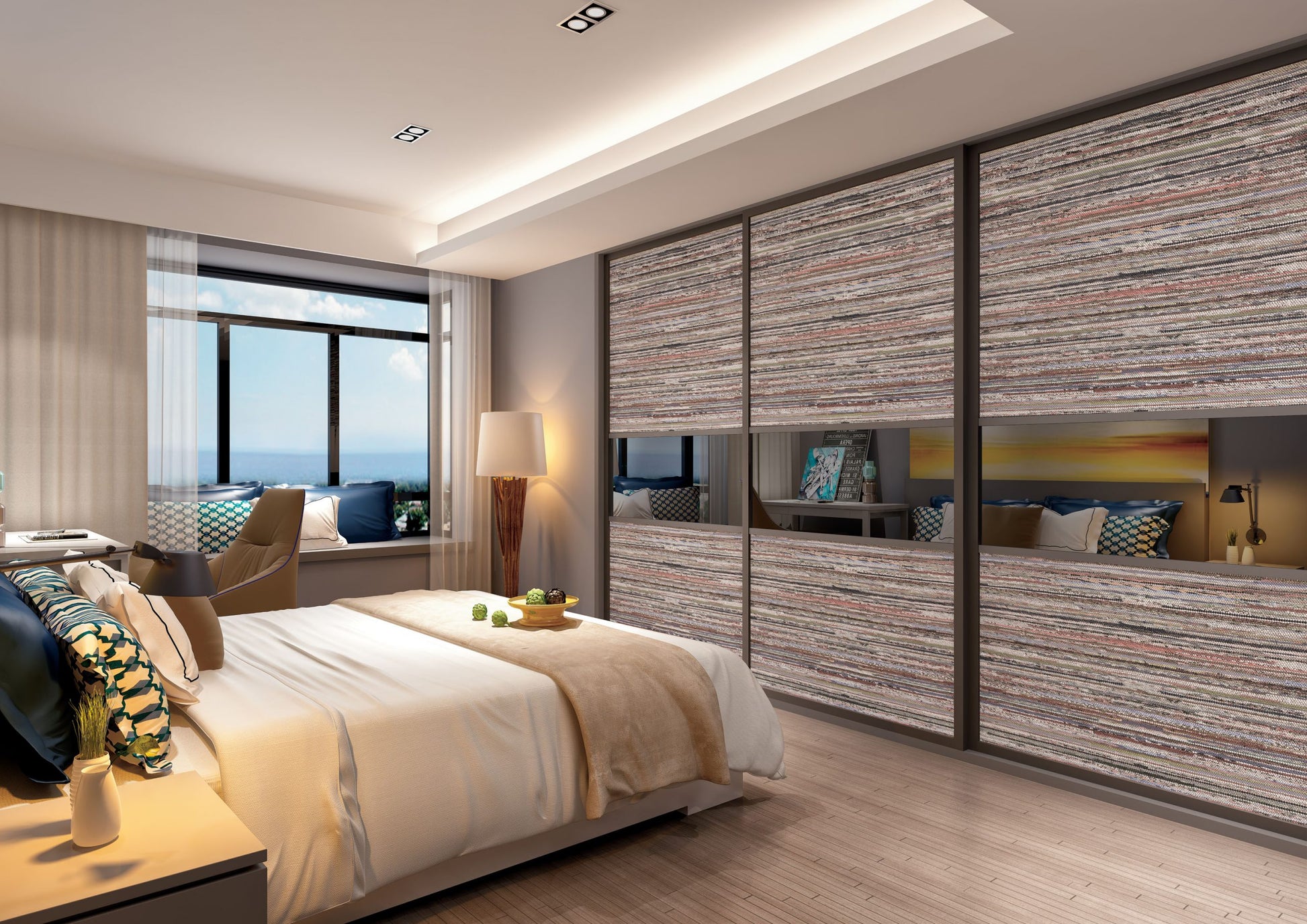 Multicolored fabric laminate with striped pattern and matte finish used on bedroom wall and wardrobe doors in modern